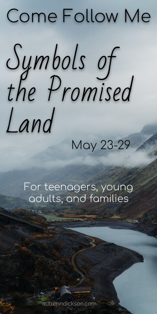 Pinnable image of valley with river reading "Symbols of the Promised Land, May 23-29, Come Follow Me for teenagers, young adults, and families"